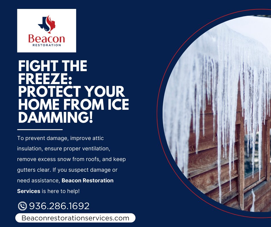 🚨 Ice Damming 101 🚨

Ice dams trap water, causing leaks and mold.

Prevention Tips:

Insulate your attic.
Ventilate properly.
Clear roof snow.
Use heat cables.
Keep gutters clean.
Protect your home! For help, call 936.286.1692 or visit beaconrestorationservices.com. Serving Texas!
