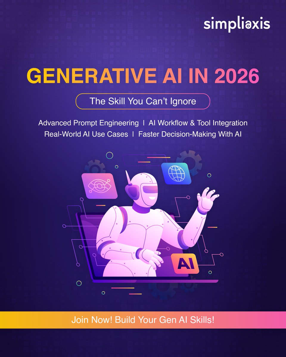 2026 runs on Generative AI.
Stay ahead—master prompts, workflows, real-world AI use &amp; smarter decisions. 🚀
Build your GenAI skills with Simpliaxis 👉 simpliaxis.com/generative-ai

#GenerativeAI #FutureSkills #Upskill #AITraining #Simpliaxis #Careers2026