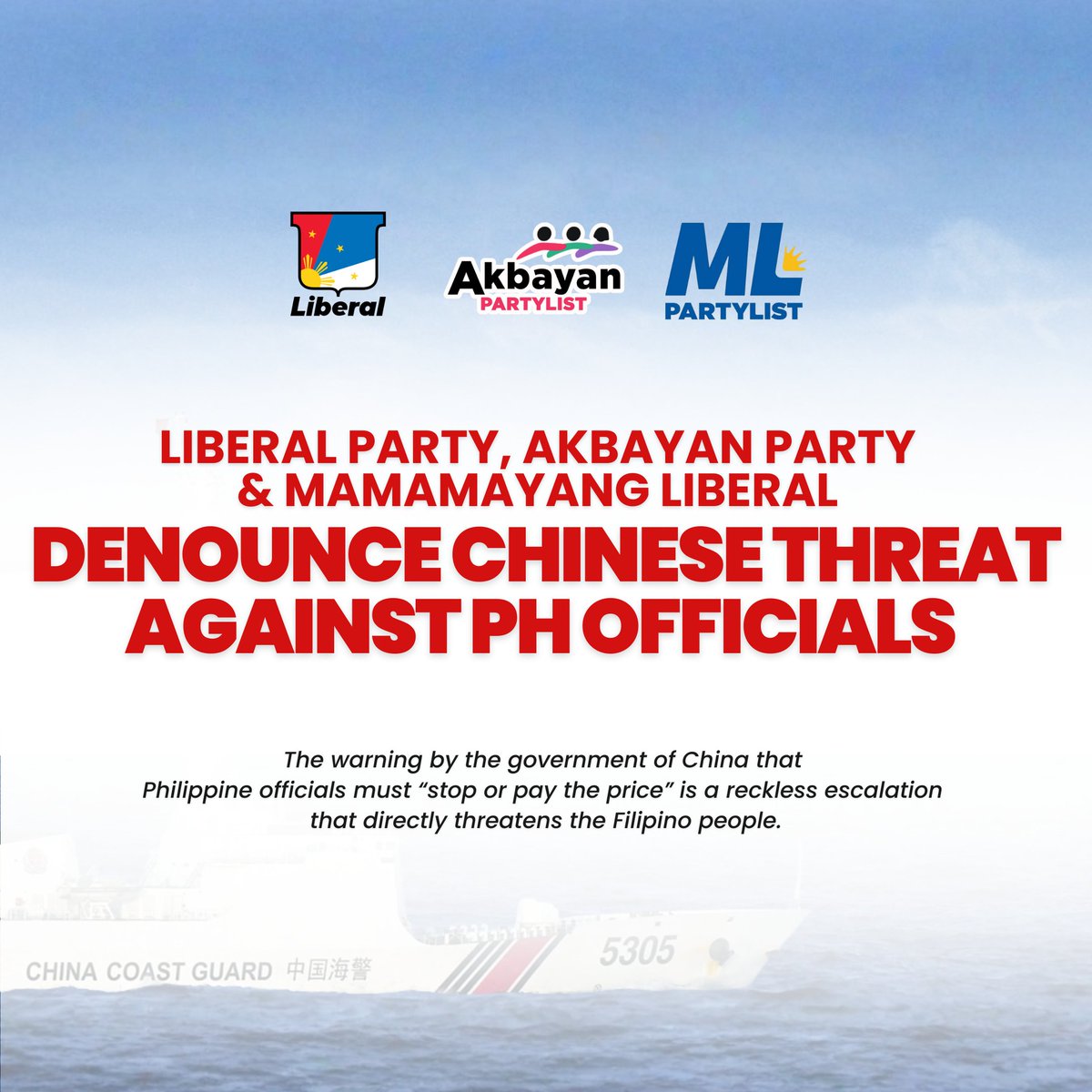AkbayanParty's tweet image. 𝗟𝗜𝗕𝗘𝗥𝗔𝗟 𝗣𝗔𝗥𝗧𝗬, 𝗔𝗞𝗕𝗔𝗬𝗔𝗡 𝗣𝗔𝗥𝗧𝗬, &amp;amp; 𝗠𝗔𝗠𝗔𝗠𝗔𝗬𝗔𝗡𝗚 𝗟𝗜𝗕𝗘𝗥𝗔𝗟 𝗗𝗘𝗡𝗢𝗨𝗡𝗖𝗘 𝗖𝗛𝗜𝗡𝗘𝗦𝗘 𝗧𝗛𝗥𝗘𝗔𝗧 𝗔𝗚𝗔𝗜𝗡𝗦𝗧 𝗣𝗛 𝗢𝗙𝗙𝗜𝗖𝗜𝗔𝗟𝗦

The warning by the government of China that Philippine officials must “stop or pay the price” is a…