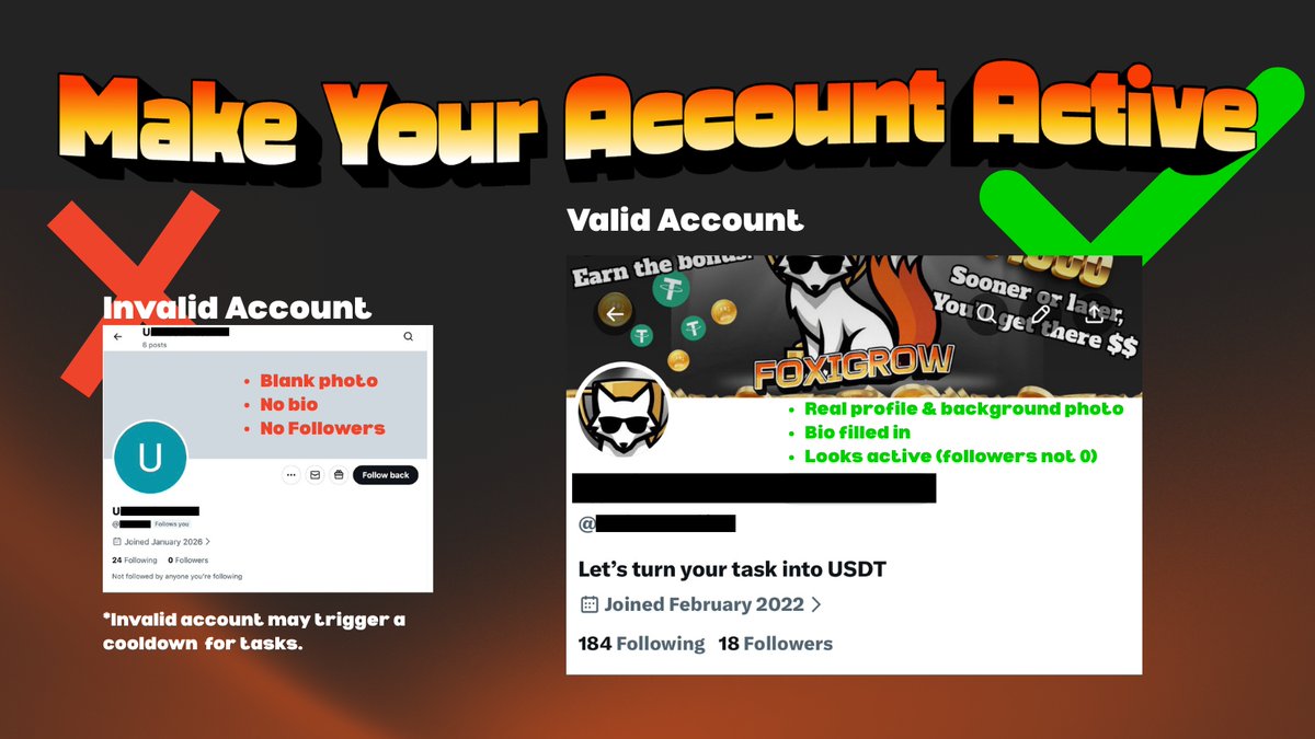 To keep your X account (and other social profiles) healthy, read our X Beginner Guide carefully.    
High-quality accounts = consistent rewards + access to high-paying tasks.    
Do this now: Add profile pic + bio, post natural content regularly.    
Upcoming rule: New or