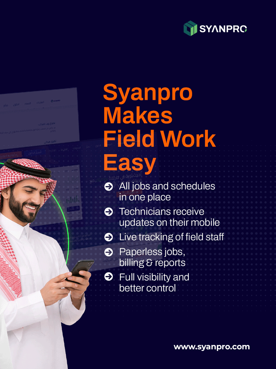syanprosoftware's tweet photo. Field work doesn’t have to be complicated.

With Syanpro, manage everything from one simple dashboard -
jobs, schedules, technicians, tracking, billing, and reports.

Start working smarter today.
🌐 https://t.co/0wX8SbUxZS

#syanpro #fieldservicemanagement #FSMsoftware https://t.co/hvOt4X3qbi