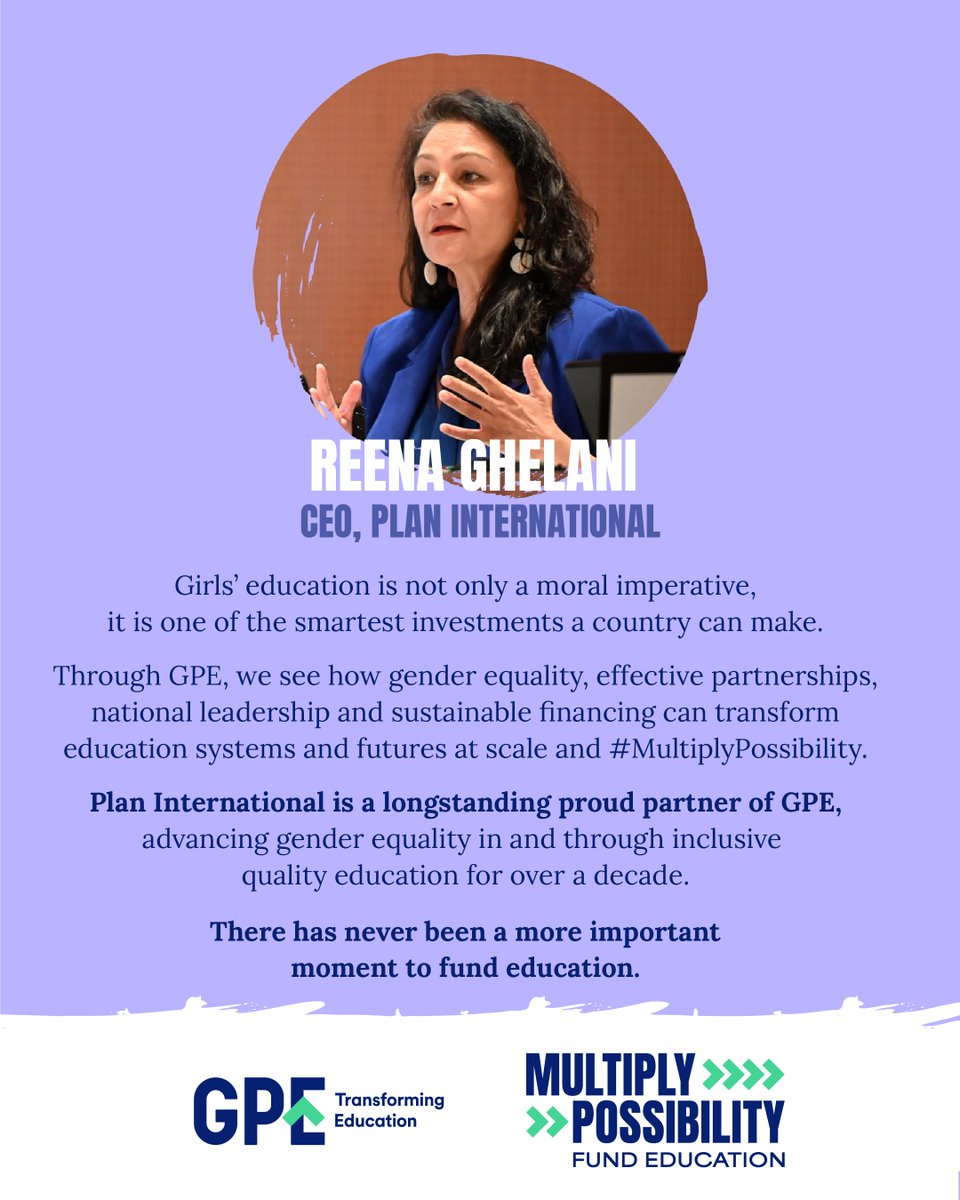 Girls' education transforms lives, makes communities healthier and uplifts societies.

🤝 GPE and <a href="/PlanGlobal/">Plan International</a> are strong and longstanding partners, working together to advance inclusive and gender equal education.

#EducationDay #MultiplyPossibility | <a href="/rghelani/">Reena Ghelani</a>