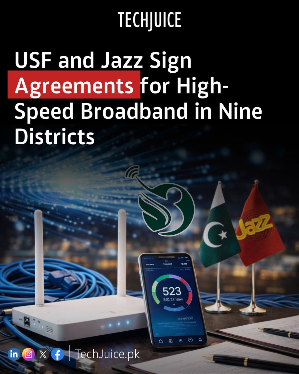 TechJuicePk's tweet image. USF and Jazz Sign Agreements to Expand Broadband Across Pakistan.
The Universal Service Fund and Jazz have signed new agreements to launch broadband service projects across the country, as announced by the Ministry of IT and Telecommunications. 
#techjuice #pakistan #broadband