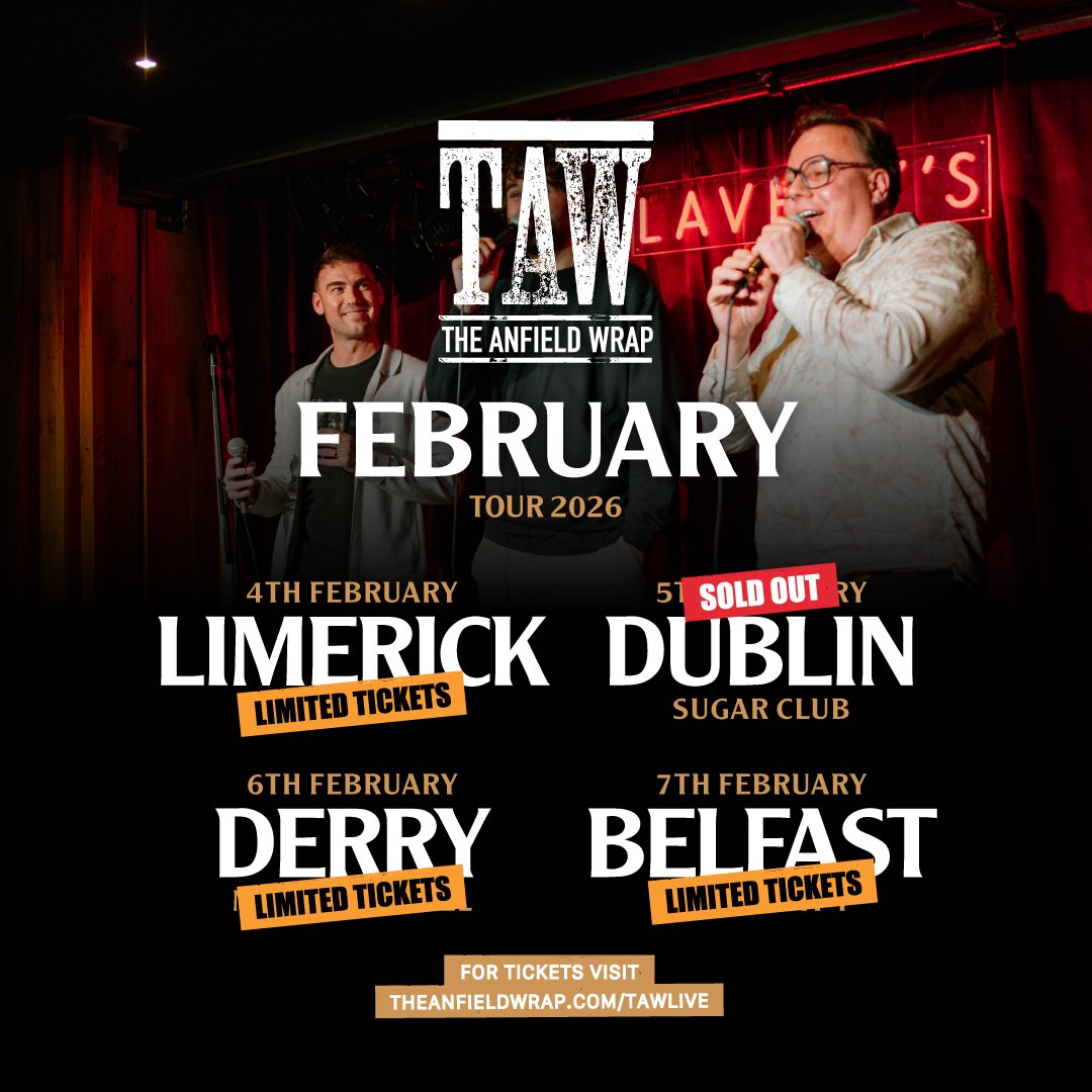 TheAnfieldWrap's tweet photo. 🚨 TAW Live in Ireland

Join @Knox_Harrington, @johngibbonsblog and more TAW contributors for a chat about the season and hear some Anfield Wrap secrets! 

📍 Limerick @mydolans
📍 Dublin @sugarclubdublin [SOLD OUT]
📍 Derry @MaldronHotels
📍 Belfast @LimelightNI 

📲 Buy Tickets here 👉 https://t.co/CWmPo7mvJB