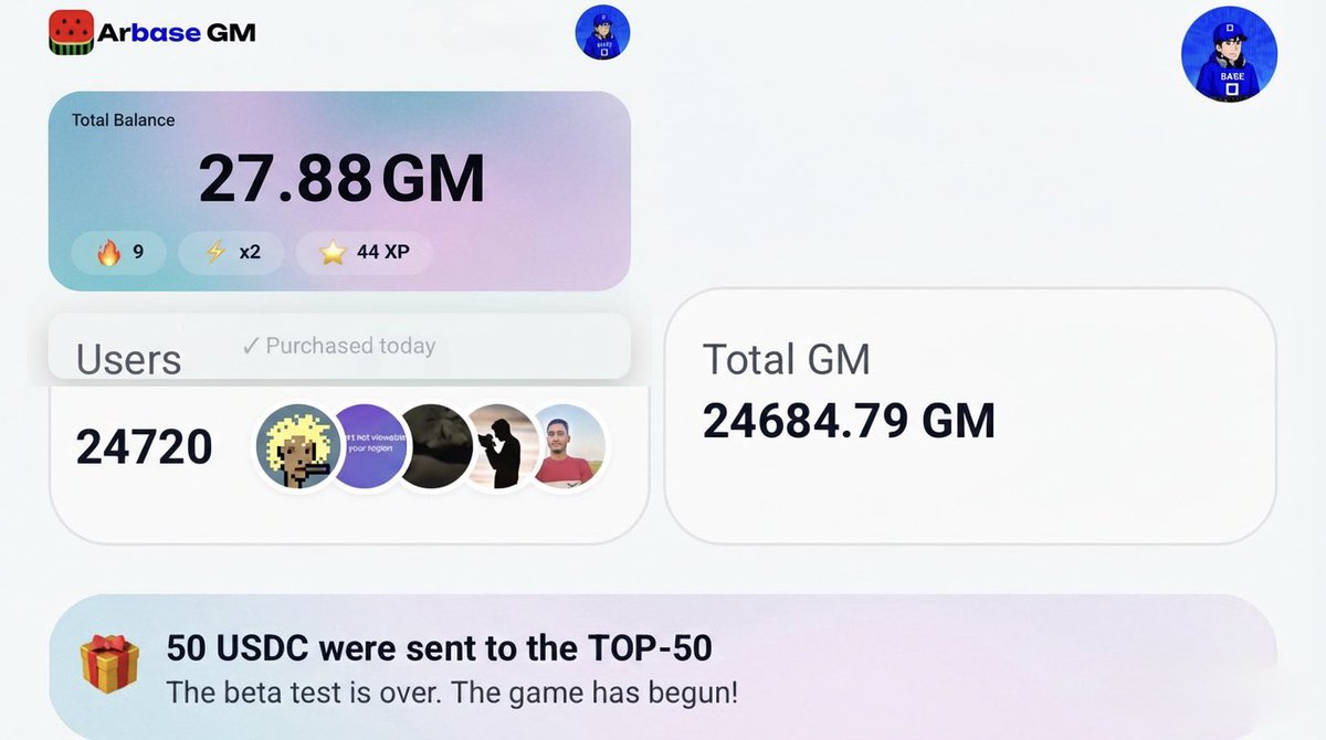 2good4u's tweet photo. Discover Arbase GM: A free-to-play mini-app on @baseapp rewarding consistent daily tasks & "GM" claims with USDC. Prioritizes long-term engagement over quick farms. 
By @kingyru , 24k+ users, $3.75k airdropped , $250k+ prizes incl. NFT boosts. 
Merge gameplay shines in on-chain social! 
Want to be part of this ? Just follow my invite link and let’s play together 🫡 

https://t.co/MndgblihaO

 #Base #Web3