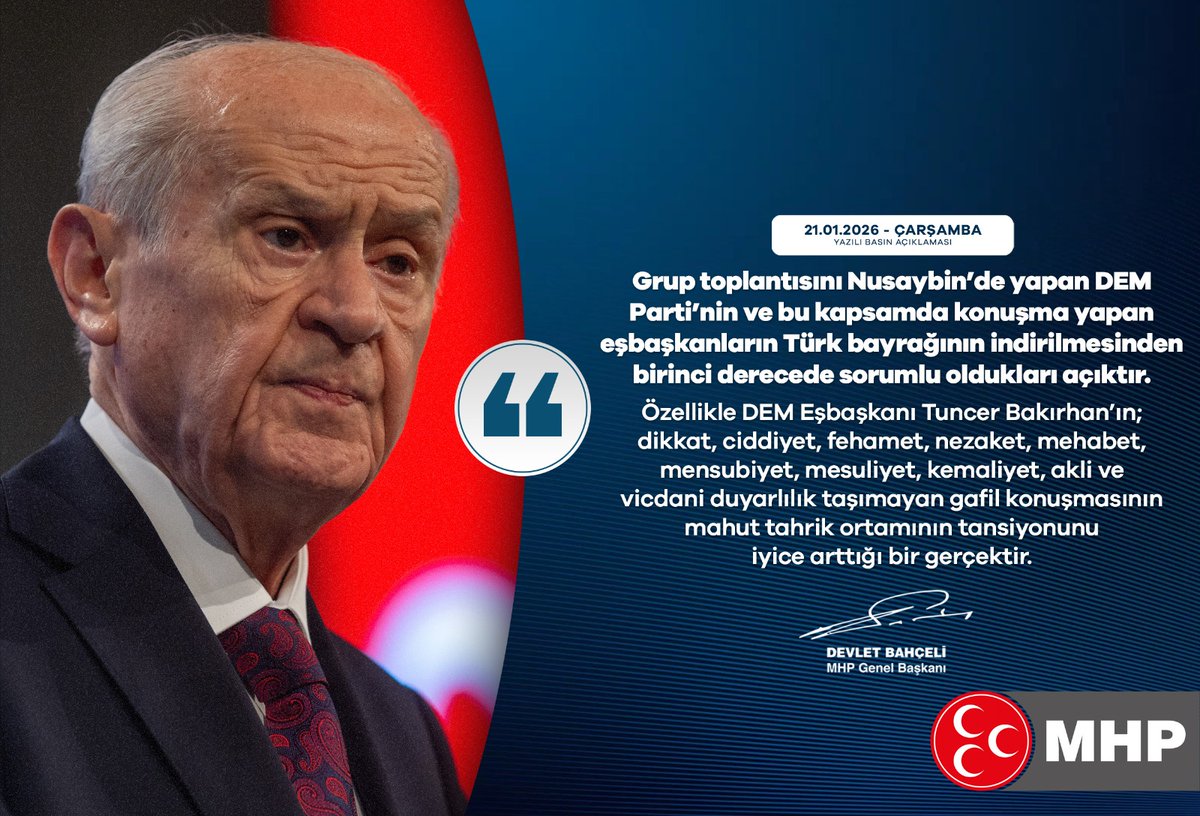 MHP_Bilgi's tweet photo. Grup toplantısını Nusaybin’de yapan DEM Parti’nin ve bu kapsamda konuşma yapan eşbaşkanların Türk bayrağının indirilmesinden birinci derecede sorumlu oldukları açıktır.
Özellikle DEM Eşbaşkanı Tuncer Bakırhan’ın; dikkat, ciddiyet, fehamet, nezaket, mehabet, mensubiyet, mesuliyet, kemaliyet, akli ve vicdani duyarlılık taşımayan gafil konuşmasının mahut tahrik ortamının tansiyonunu iyice arttığı bir gerçektir.

MHP Genel Başkanı
Devlet BAHÇELİ