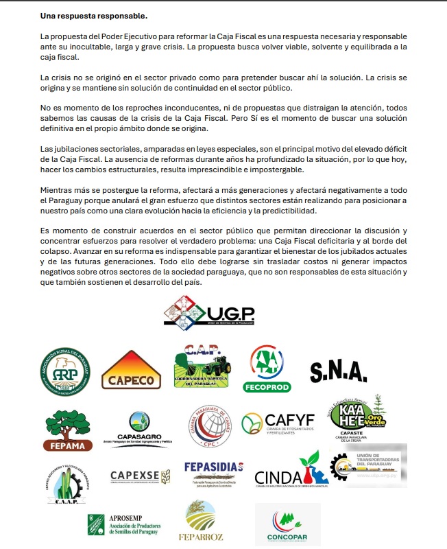 acostasamu's tweet image. #ElDato: "El problema lo originaron ustedes", respondieron 19 gremios del sector productivo ante la propuesta de generar nuevos impuestos para #soja o #arroz y hasta usar fondos de #Itaipu para cubrir el déficit de la #CajaFiscal sin tocar privilegios de militares y policías.