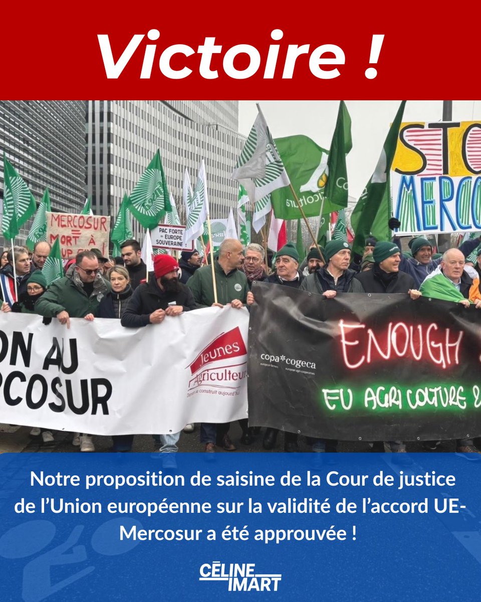Victoire ! notre stratégie de combat est payante, le Mercosur trébuche et nous infligeons un énorme revers à <a href="/vonderleyen/">Ursula von der Leyen</a>.

L’accord est suspendu. La Commission va maintenant devoir expliquer sa conception très subjective de la démocratie devant la Cour de justice.