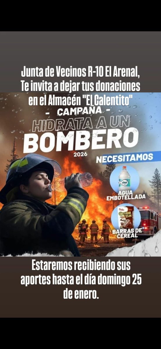 👨🏼‍🚒 Estimados vecinos de la salida norte de Valdivia 🚒

Los invitamos a sumarse a una campaña solidaria para reunir agua en apoyo a nuestros bomberos, quienes hoy luchan incansablemente para contener los incendios forestales en distintas zonas de Chile.

💧 Punto de acopio:
📍