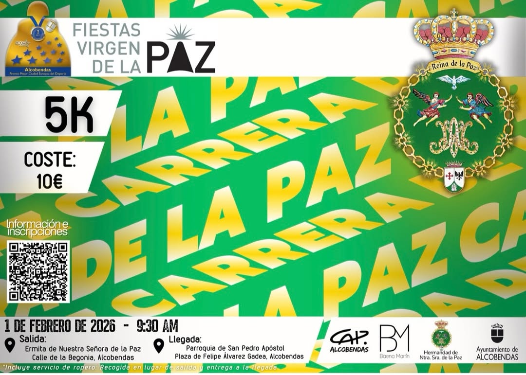 🏃🏼‍♂️🏃🏻‍♀️‍➡️🏃🏻‍➡️🏃🏼‍♂️‍➡️🏃🏼‍♂️🏃🏽‍♀️‍➡️🏃🏾‍➡️🏃🏼‍♂️‍➡️
Empezamos 2026 con la carrera de la Paz, el Domingo 1 de Febrero de 2026 en Alcobendas.
Si tienes entre 14 y 30 años y resides en Alcobendas, el @cjalcobendas ofrecemos dorsales por 2€. (Actividad subencionada por @alcobendas.ayuntamiento )