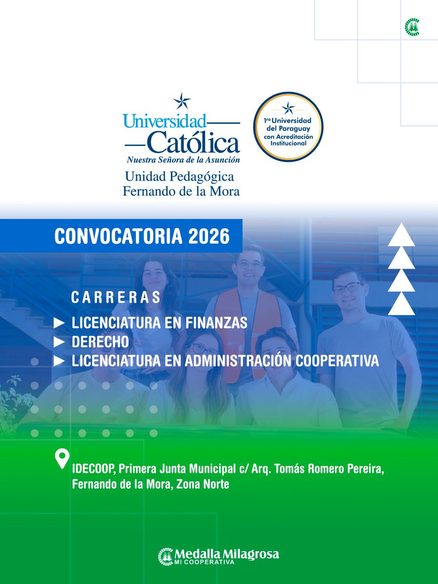 La Universidad Católica está en IDECOOP,
un espacio de formación en Fernando de la Mora
para que empieces a construir tu futuro.

Elegí una carrera. Inscribite. 💚