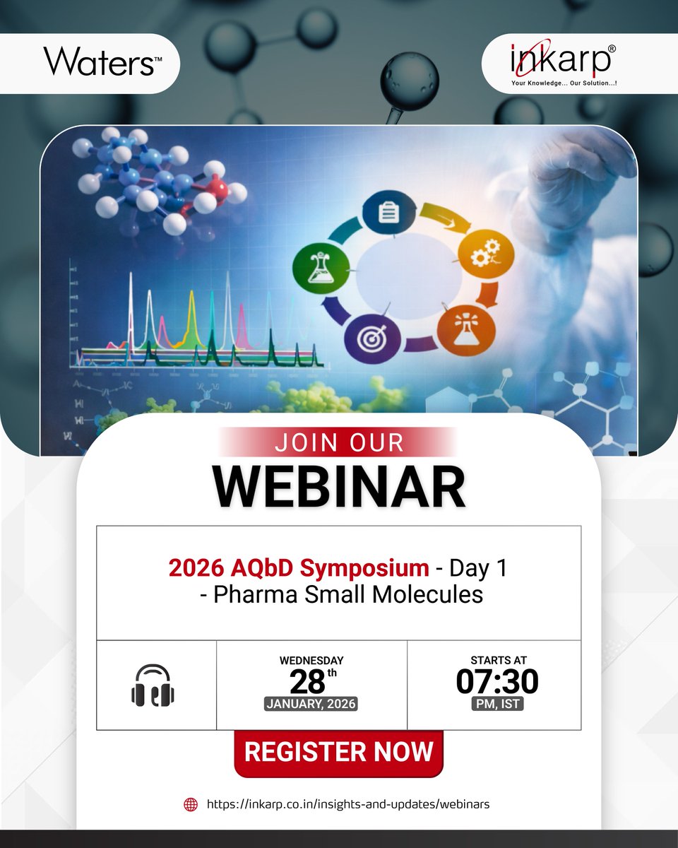 inkarpindia's tweet image. Join Day 1 of the 2026 AQbD Symposium on Pharma Small Molecules. Learn science-driven approaches to quality-by-design and analytical excellence.

📅 28 Jan | ⏰ 7:30 PM IST

🔗 Register now: inkarp.co.in/insights-and-u… #PharmaAnalytics #InkarpInstruments #Waters