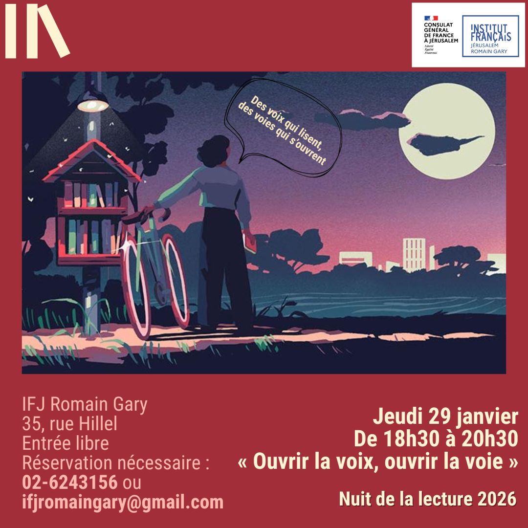 📚 Nuit de la lecture
🗓️ Jeudi 29 janvier – 18h30-20h30
🎙️ « Ouvrir la voix, ouvrir la voie »
Rejoignez-nous à l’IFJ Romain Gary pour une soirée de lectures à voix haute et un moment d’évasion autour des mots.
🎟️Entrée libre
📩Réservation : ifjromaingary@gmail.com
📞02-624 31 56