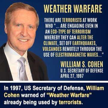 1776General_'s tweet photo. 🚨At Davos Globalist admit the government is using the military to commit acts of terror against the American people.

Using weather manipulation against the American people is an act of terror - William S. Cohen U.S. Secretary of Defense April 27, 1997 https://t.co/YRXNxePvyS