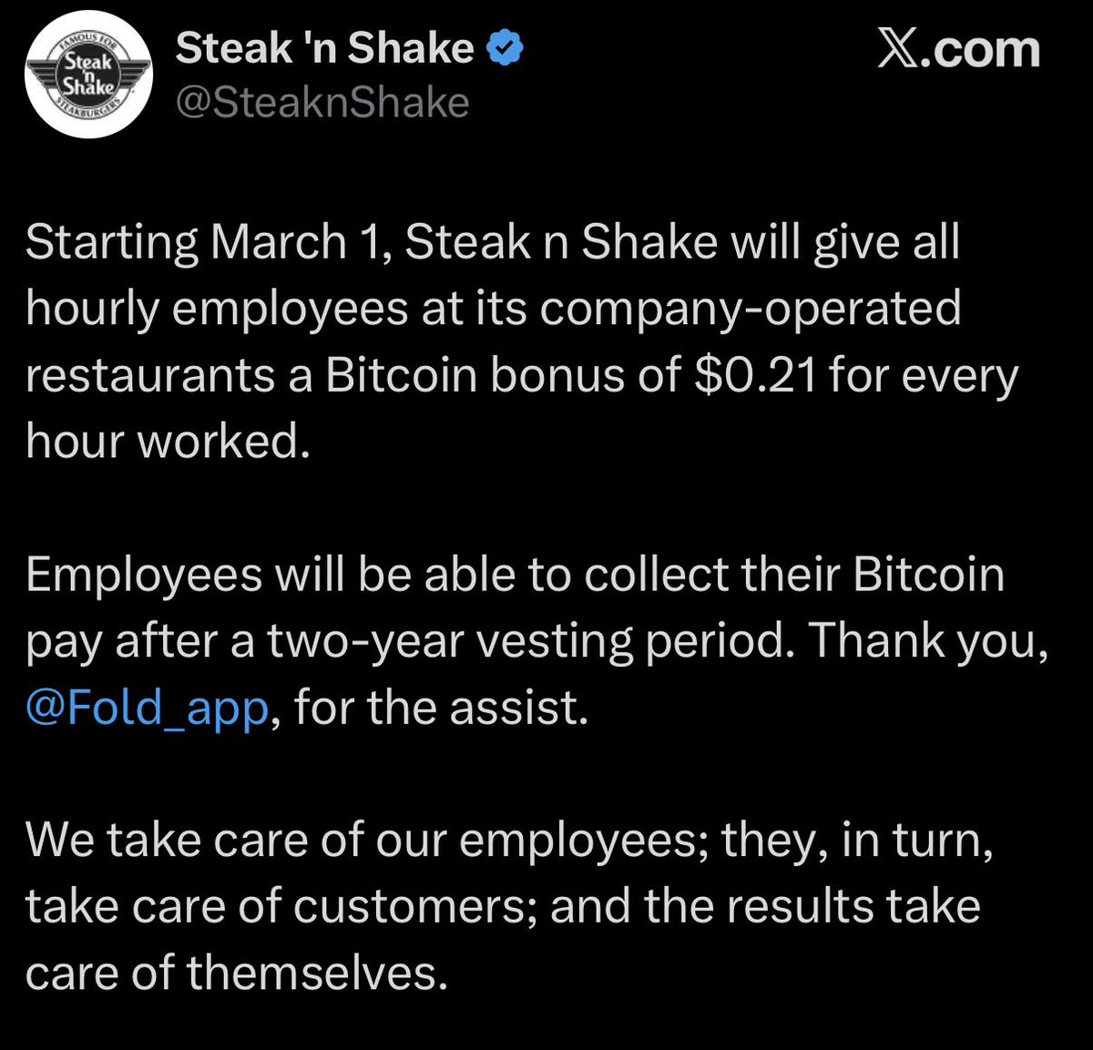 Steak n Shake employees paid hourly in #Bitcoin:
