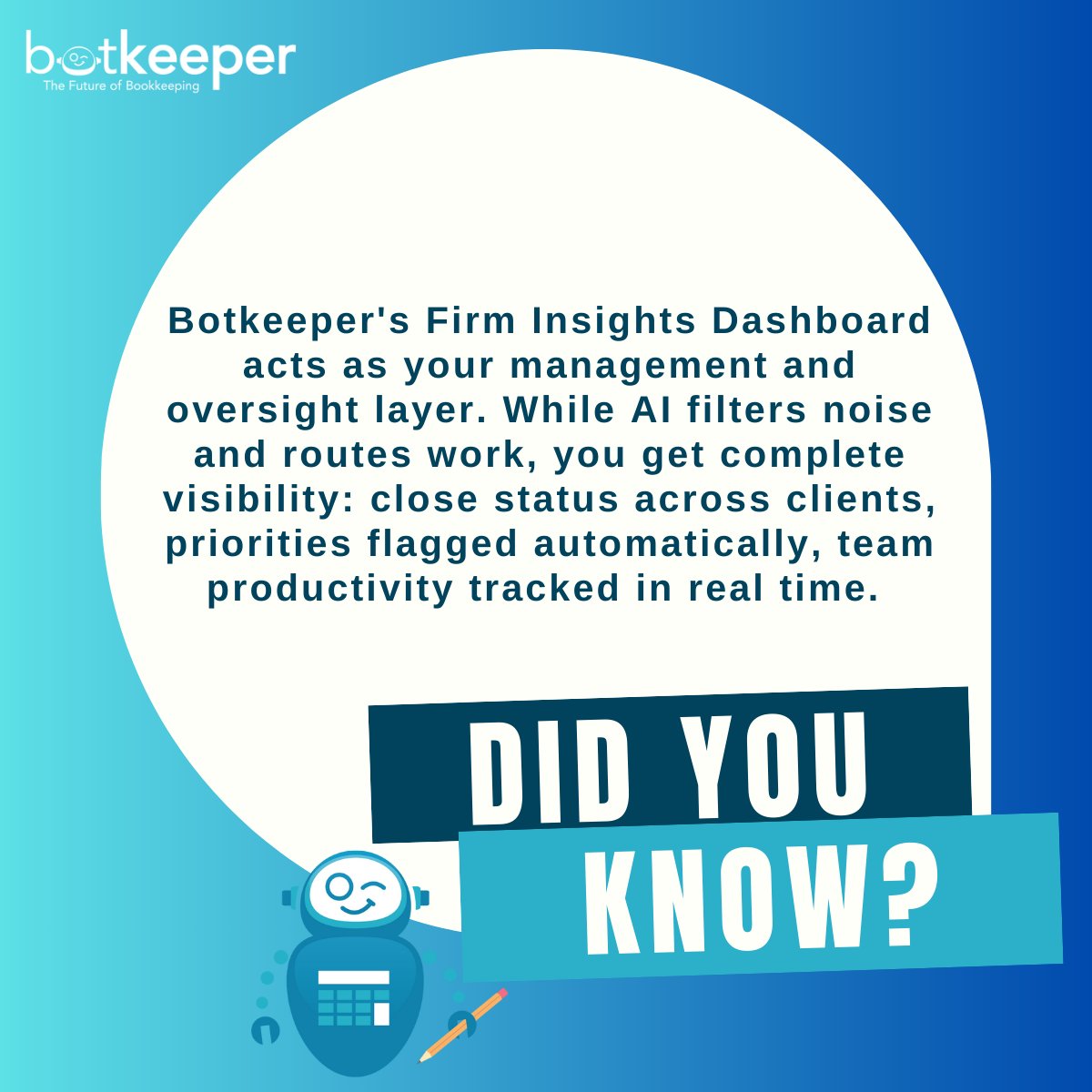 b0tkeeper's tweet photo. AI isn't here to replace thinking in accounting—it's here to clear the path for judgment.

Firm Insights gives you one view of what matters: close status, priorities, team productivity across every client.

Focus on decisions, not data hunts. https://t.co/piPYPsbUWZ