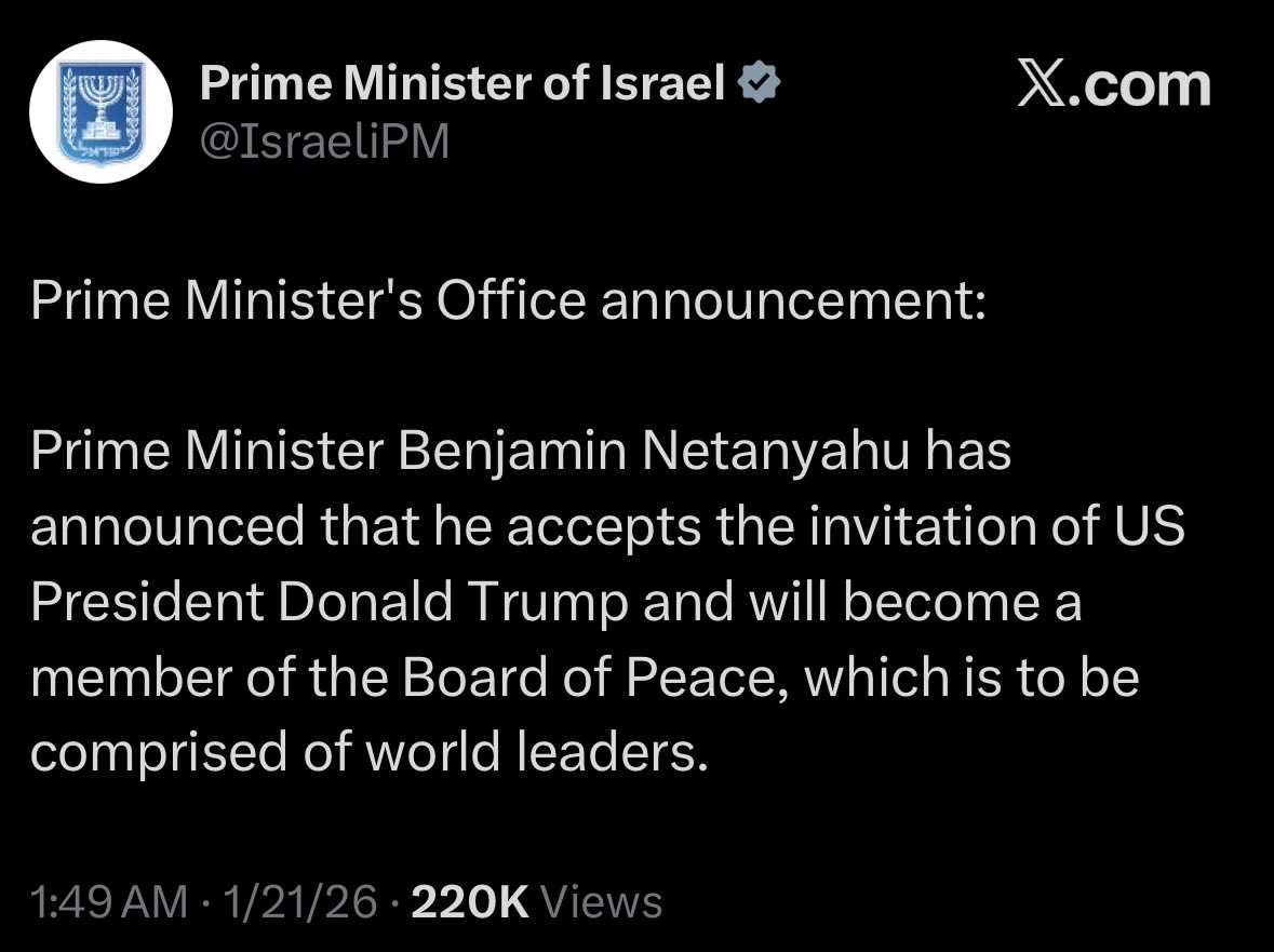 Benjamin Netanyahu, wanted by the International Criminal Court for war crimes and crimes against humanity, will join Trump's Board of Peace. 

This was the worst case scenario when the UN Security Council authorized this travesty. Sickening.