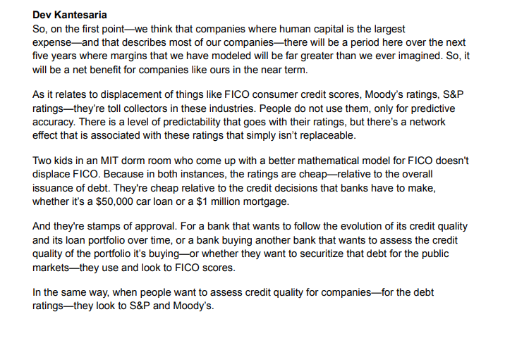 themattharbaugh's tweet photo. Dev Kantesaria on how AI will affect $FICO $SPGI $MCO

"As it relates to displacement of things like FICO consumer credit scores, Moody's ratings, S&amp;P ratings- they're toll collectors... they're stamps of approval." https://t.co/VldcZOmMeL