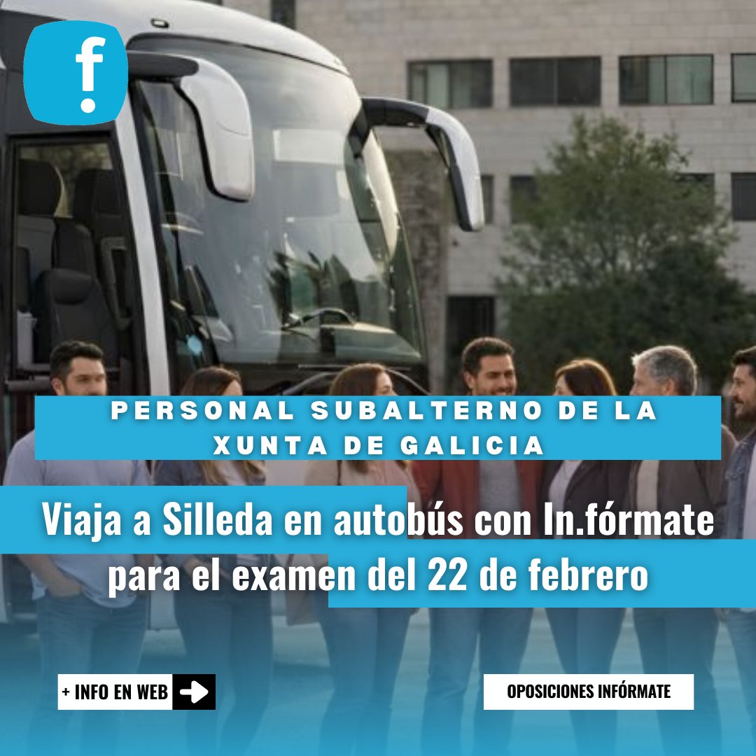 InformateEmpleo's tweet photo. 🚌 CONSIGUE YA TU PLAZA! Viaja a #Silleda en autobús con nosotros 𝐩𝐚𝐫𝐚 𝐫𝐞𝐚𝐥𝐢𝐳𝐚𝐫 𝐞𝐥 𝐞𝐱𝐚𝐦𝐞𝐧 de PERSONAL #Subalterno de la @Xunta 👇

📅 Día 𝟐𝟐 𝐝𝐞 𝐟𝐞𝐛𝐫𝐞𝐫𝐨

Apúntate AQUÍ! 👉 https://t.co/jSa9eesHWx https://t.co/niQ2gVHLmA