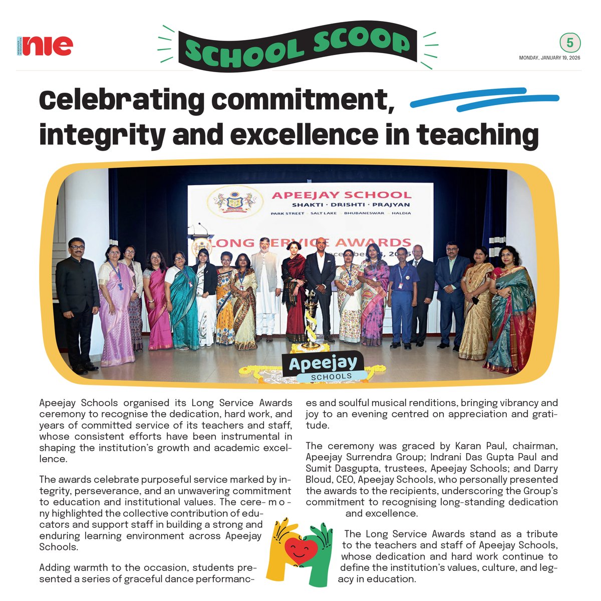 A celebration of enduring service.

The Long Service Awards at Apeejay Schools—honouring educators whose dedication has shaped generations—were featured in The Times of India, marking a moment of pride for our institution.

#apeejayschool #Awards #CBSE