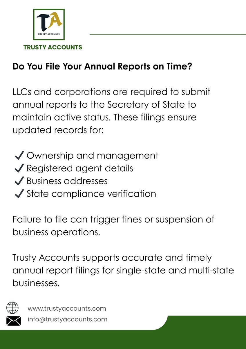 Trusty_Account's tweet image. Annual report filings are mandatory for LLCs &amp;amp; corporations to maintain good standing with the Secretary of State. Missing deadlines can lead to penalties or dissolution.
Trusty Accounts manages compliance.
#AnnualReportFiling #LLCCompliance #CorporateCompliance #TrustyAccounts