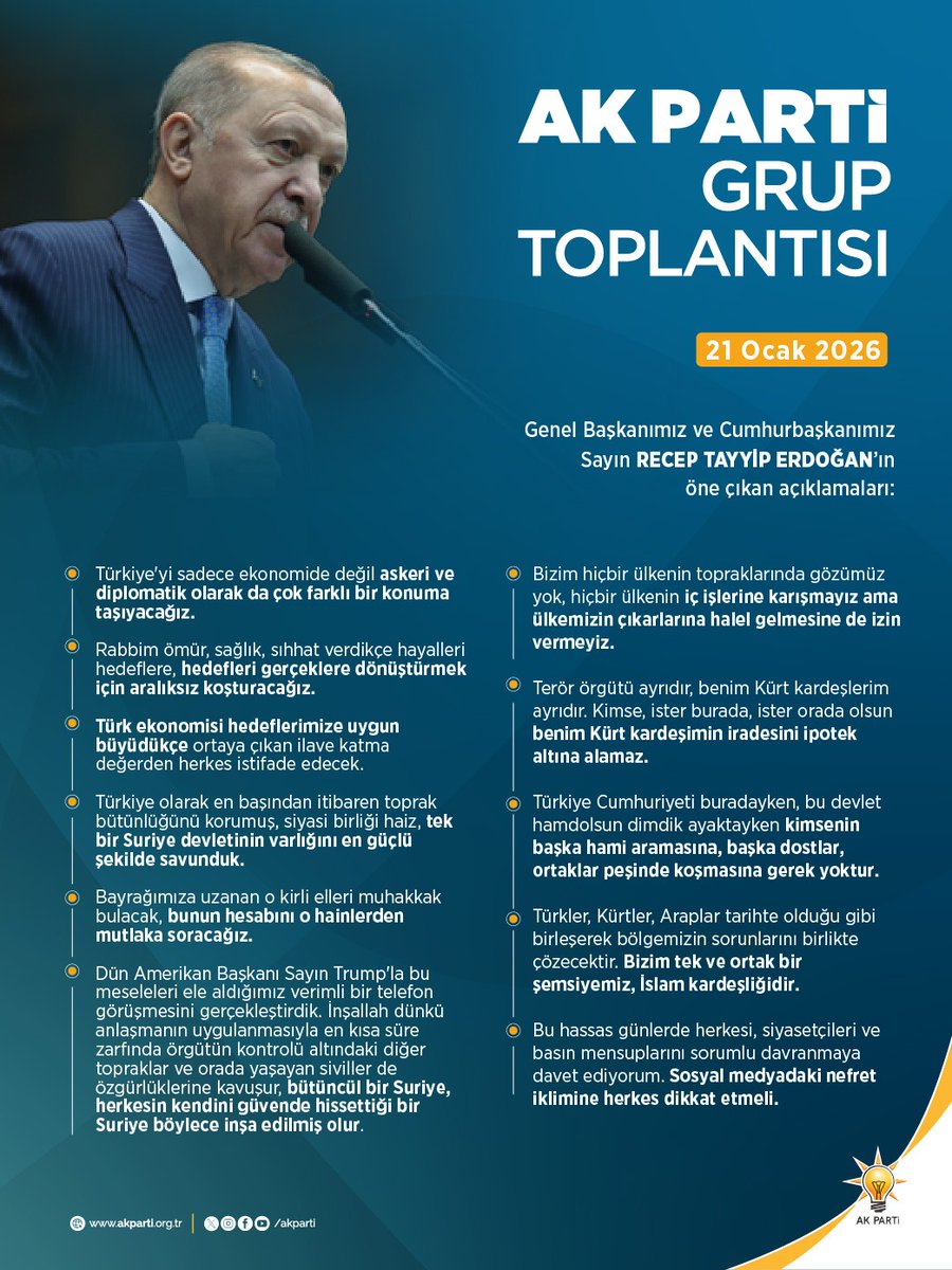 Genel Başkanımız ve Cumhurbaşkanımız Sayın Recep Tayyip Erdoğan’ın TBMM Grup Toplantımızda öne çıkan açıklamaları.