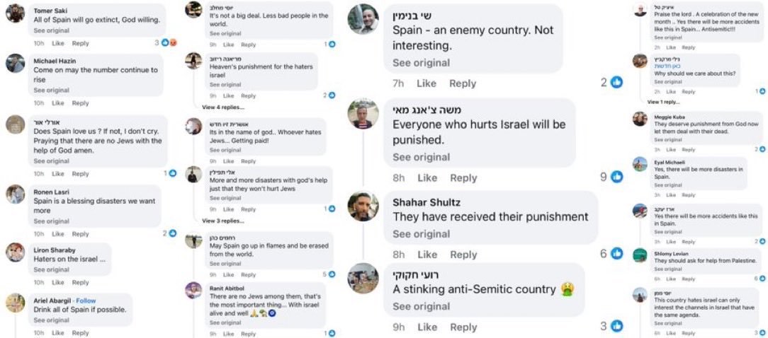 Desde que ocurrió el terrible accidente ferroviario en España hay miles de comentarios de Israelís celebrando las muertes de españoles.
Mientras los patriotas Ayuso y Abascal siguen siendo sumisos con los genocidas.