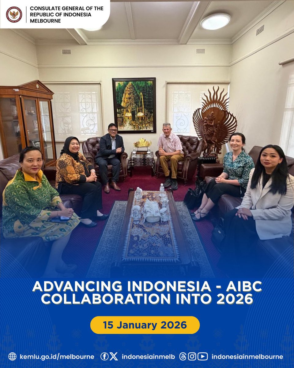 Advancing Indonesia - AIBC Collaboration into 2026 💼🌟

Berita selengkapnya:
kemlu.go.id/melbourne/beri…

#IniDiplomasi #IndonesiaUntukDunia #DemiNKRI #IndonesianWay #RintisKemajuan