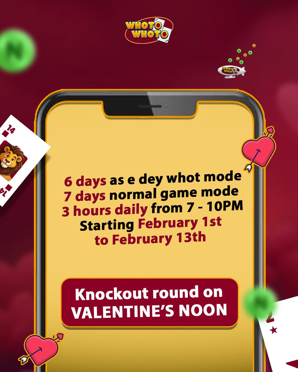 Whotomaniacs, the Love on the Leaderboard tournament is live from Feb 1st - 14th! We have over ₦1m+ waiting for those wey sabi the game.

1st Prize for the League Phase nah N500k. 
If you come miss that one, you fit still win the #150k Knockout on Valentine's Day!

LOCK IN.🔐
