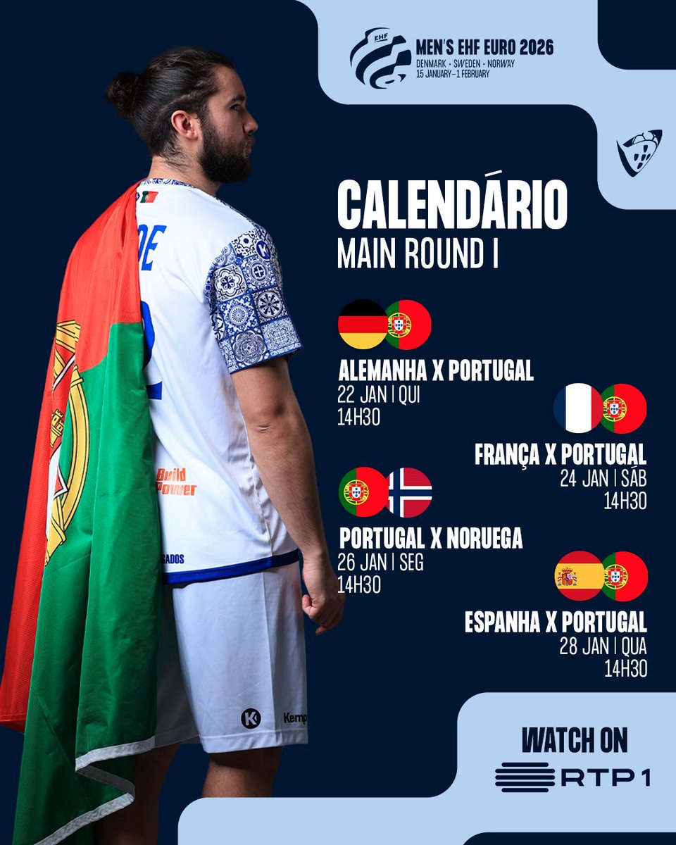 AndebolPortugal's tweet photo. Continua a navegar connosco! 𝑴𝒂𝒓𝒄𝒂 𝒏𝒂 𝒕𝒖𝒂 𝒂𝒈𝒆𝒏𝒅𝒂 ✍️

🇵🇹✖️🇩🇪🇫🇷🇳🇴🇪🇸
📆 22/01 - 28/01
📍 Herning
📺 @rtppt 

@ehfeuro
#PorMaresNuncaDantesNavegados #HeroisDoMar #PureGreatness https://t.co/A62bfZWTgn