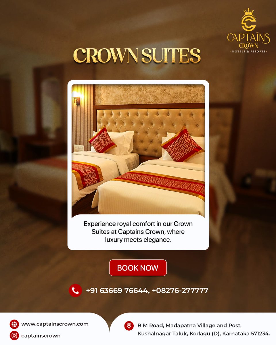 captainscrown's tweet image. Indulge in royal comfort with our elegantly designed Crown Suites crafted for a truly luxurious stay. Experience refined interiors, premium amenities and unmatched hospitality at Captains Crown.
#Golden Garnish #CaptainsCrown #CrownSuites #LuxuryStay #RoyalComfort