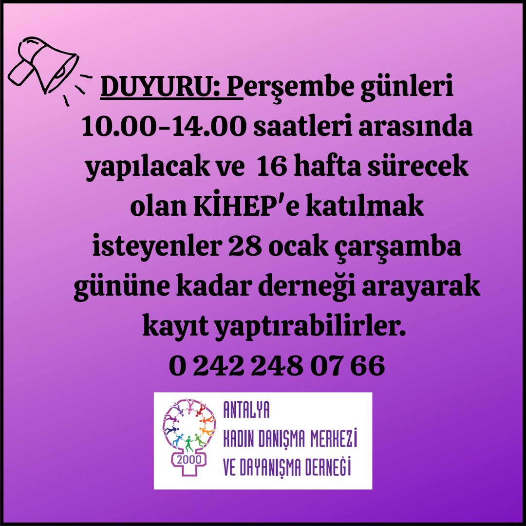 KadinDanisma's tweet image. KİHEP'e katılmak isteyenler, 28 ocak çarşamba gününe kadar Kadın Danışma Merkezi ve Dayanışma Derneği'ne kayıt yaptırabilir.
Tel: 0 242 248 07 66