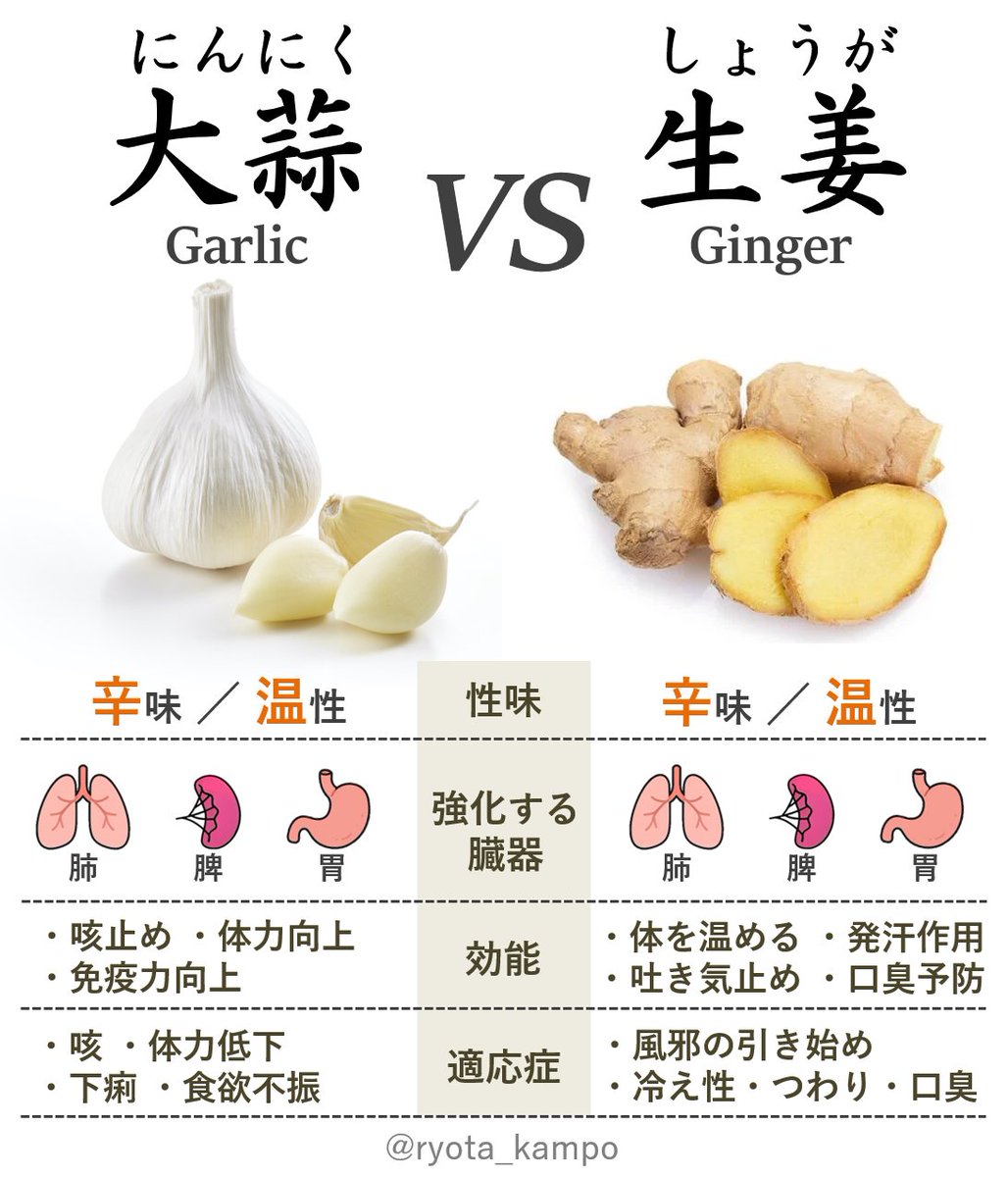 ryota_kampo's tweet image. 体を温める食材といえばニンニクと生姜が２強だけど健康効果はどっちも優秀過ぎて甲乙つけがたい。にんにくは咳止めとかお腹を温める力が強く、生姜は吐き気や風邪の引き始めにいい。どっちも免疫力アップ、がん予防効果がある事が分かってるし言う事ないんだけど、一つだけ大きな違いがある、それは「…