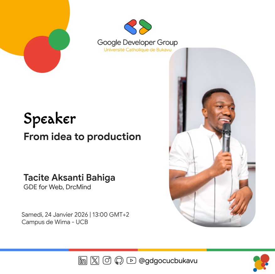 <a href="/BahigaTacite/">Aksanti Bahiga Tacite</a>, le #GDE from Web, sera le speaker de la session de ce samedi, 24 janvier 2026. Prend ton ticket sur ce lien gdg.community.dev/e/mb7nmr et à nous retrouver au Campus Mulindwa à 13h⁰⁰
#gdgocucb #DevSession
<a href="/gdgocucbukavu/">GDG on Campus UCB - #gdgocucb</a> <a href="/GDGAfriqueFranc/">GDGs Afrique Francophone</a> <a href="/Geektutor/">Geektutor</a> <a href="/GdgKivu/">GDG Kivu #DevFestKivu2025</a>