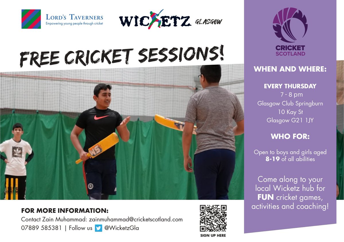 WicketzGla's tweet photo. Free cricket sessions in Springburn (age 8-19)

👧🏼Girls-only: 6-7pm | 👧🏼👦🏼Mixed: 7-8pm

Please help spread the word to anyone who may be interested. We are also keen to work with schools and youth/community groups.

@CricketScotland @LordsTaverners @ng_homes  #glasgow #Springburn https://t.co/L1ARNiTB6n