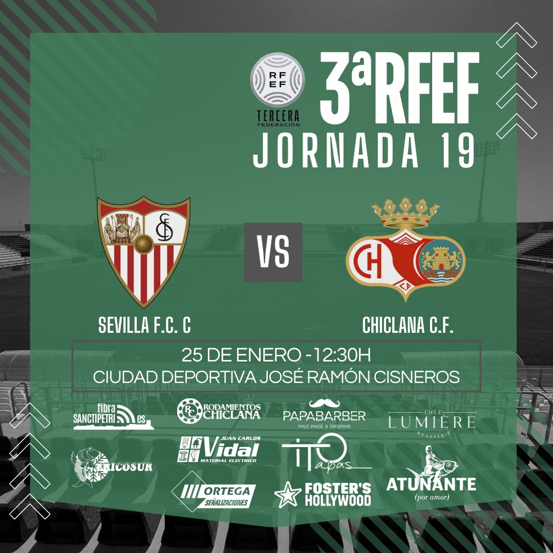 ⚽️ #SevillaFCC 🆚 <a href="/Chiclana_CF/">Chiclana C.F.</a> 
🏆 #3aRFEF - J19

📆 Domingo, 25 de enero.
⏰ 12:30h
🏟️ Ciudad Deportiva José Ramón Cisneros.
🎟️Entrada gratuita.

#ChiclanaCF #SevillaCChiclana #LosSueñosSeViven