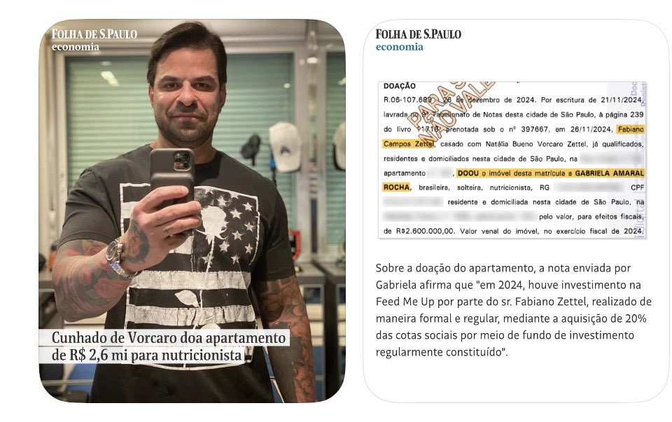Genteeee , corre aqui 
Folha de S.Paulo soltou a bomba. O cunhado de Daniel Vorcaro doou um apê de R$ 2,6 milhões pra uma nutricionista. Ela diz que não foi presente, foi investimento numa empresa de marmitas. O tal investidor ficou quietinho, mudo feito porta.
Aí vem o detalhe