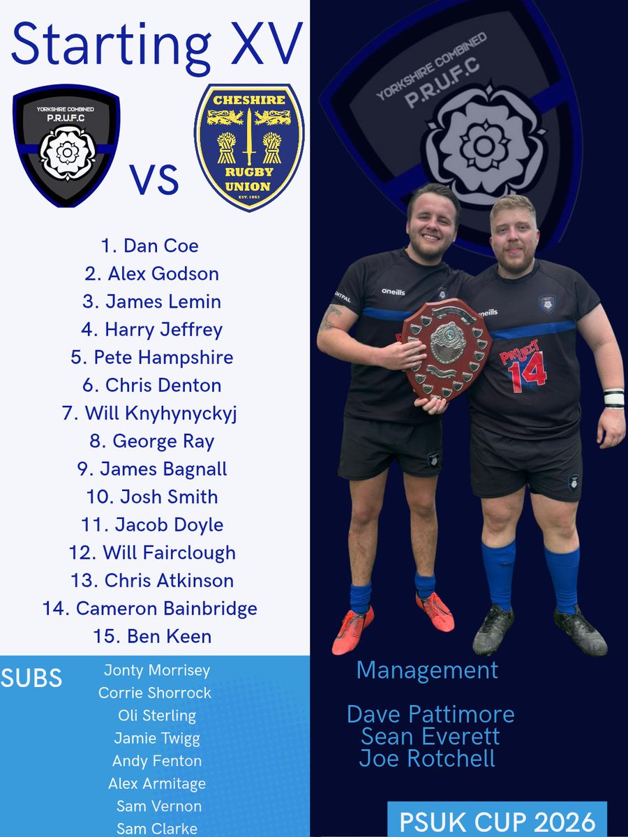YCPRUFC's tweet image. Your team for today's PSUK Cup clash again @cheshirepolice. 2:15 KO at Wath-Upon-Dearne RUFC. 

#PSUK #Rugby #policerugby @englandpoliceru