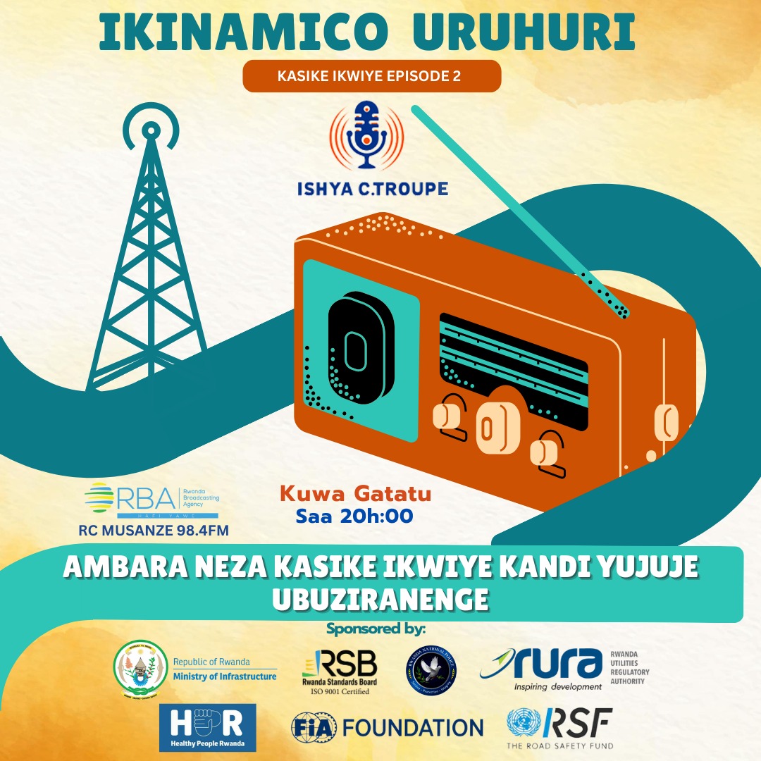 rwandastandards's tweet photo. NTIMUCIKWE: Igice cya 2 cy'Ikinamico URUHURI kigaruka ku kubungabunga umutekano wo mu muhanda twambara kasiki ikwiye.

Uyu munsi ku mugoroba saa 20h ntimucikwe, kuri aya maradiyo:
@RadioNyagatare @rusiziradio @rcmusanze2 @RadioRubavu na @liferadio96fm #RWOX https://t.co/5f6XeTXcBF