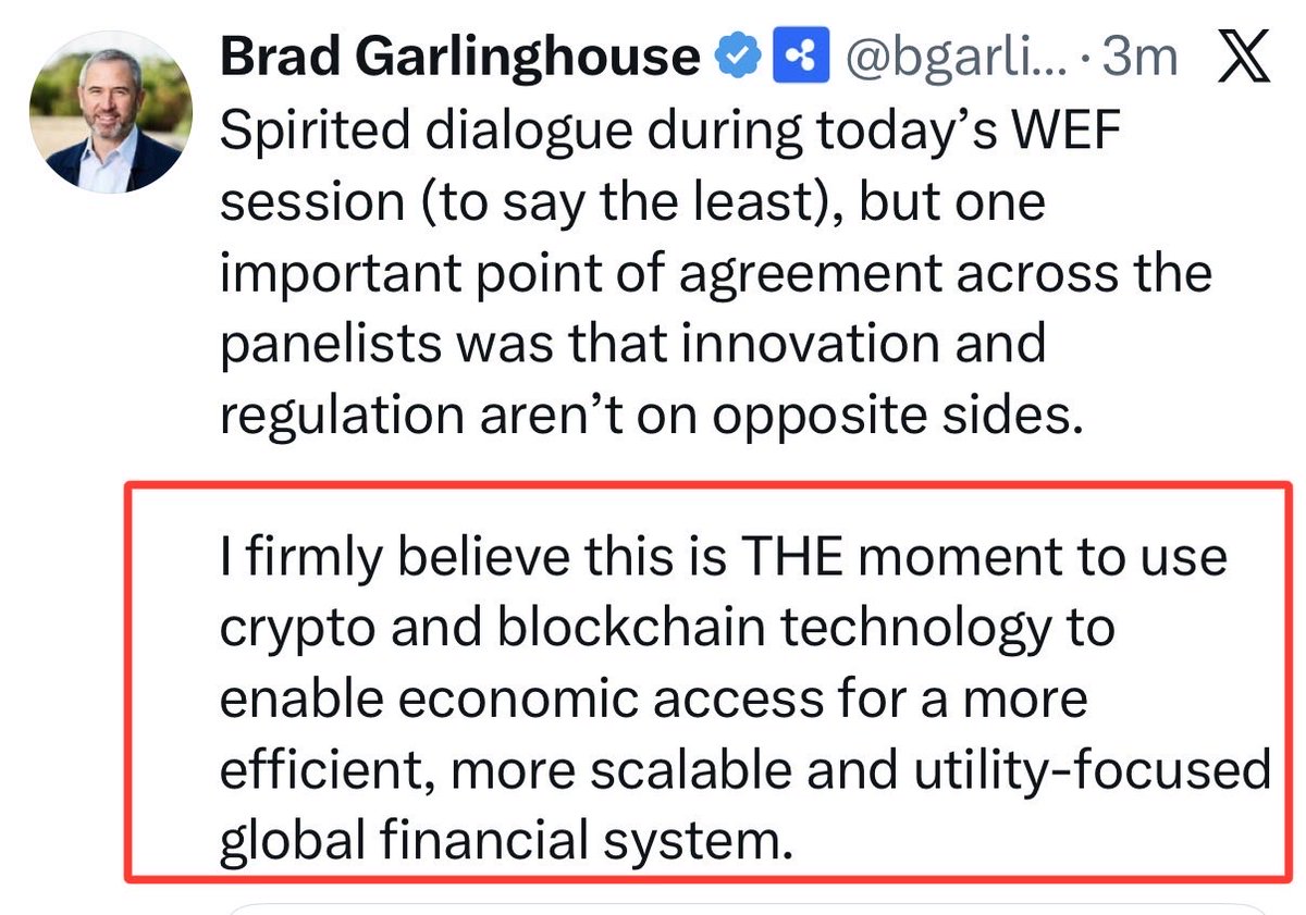 🚨 BREAKING NEWS:

RIPPLE CEO BRAD GARLINGHOUSE SAYS TODAY AT WEF:

„I FIRMLY BELIEVE THIS IS THE MOMENT TO USE CRYPTO &amp; BLOCKCHAIN TECHNOLOGY!“ 🙌🏼 #XRP
