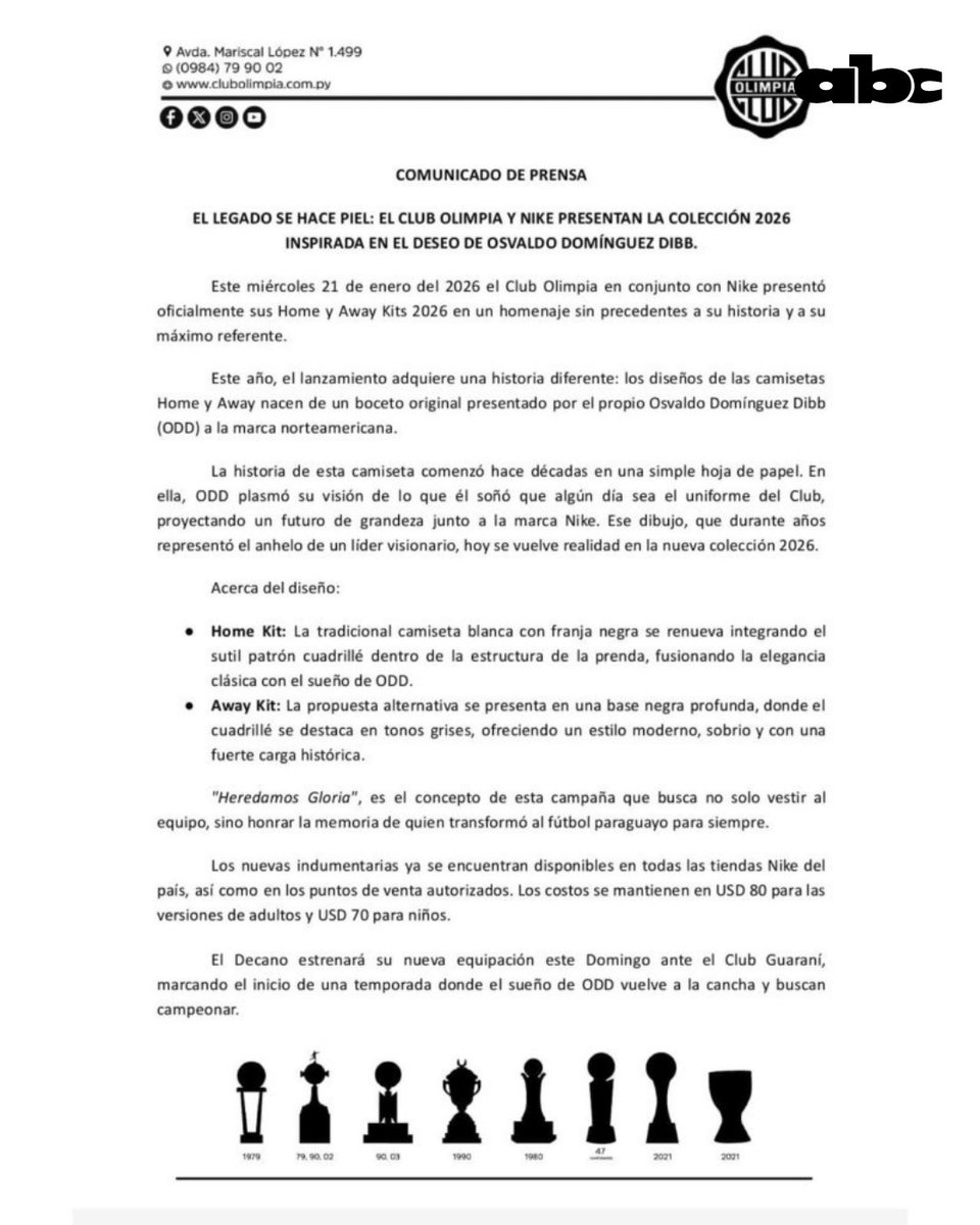 #Olimpia | ODD EN LA PIEL DEL REY 👑

En un comunicado oficial, Olimpia explicó que la nueva camiseta 2026 nace de un boceto original de Osvaldo Domínguez Dibb 👕

Hace décadas, en una simple hoja de papel, ODD plasmó la visión de lo que imaginaba como el uniforme ideal del