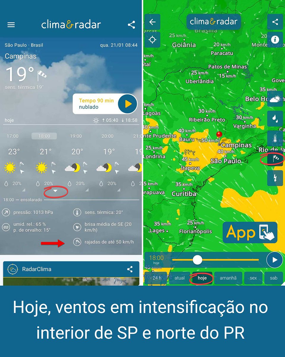 climaeradar's tweet photo. Nesta quarta-feira, #ventos fortes e em intensificação seguem atuando no #Sul e no #Sudeste, com risco de vendavais localizados. Hoje, a atenção se volta para áreas do interior de São Paulo e do norte do Paraná. https://t.co/lF6FaWhIvM https://t.co/gLVyAB18ca