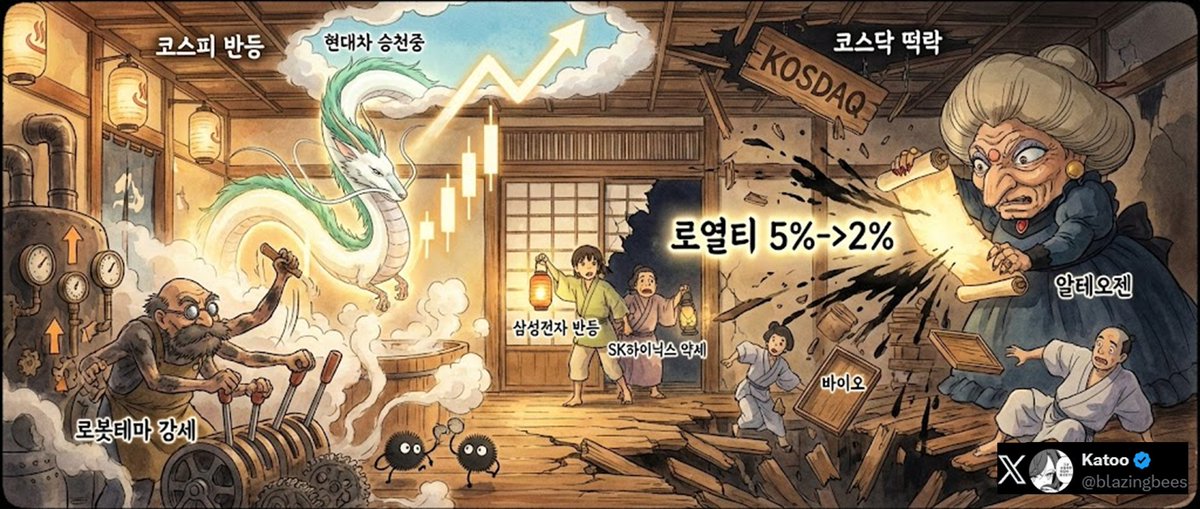 '26.1.21 국장 시황 한장 요약 짤.jpg

현대차 초급등세로 로봇 테마 또한 동반 강세. 한편 반도체는 삼성전자와 SK하이닉스의 희비가 갈림. 알테오젠은 고객사가 공개한 로열티 배분율이 2%에 불과해 20% 이상 급락하며 헬스케어 섹터 또한 동반 하락. 코스피와 코스닥 양극화가 심했던 하루.