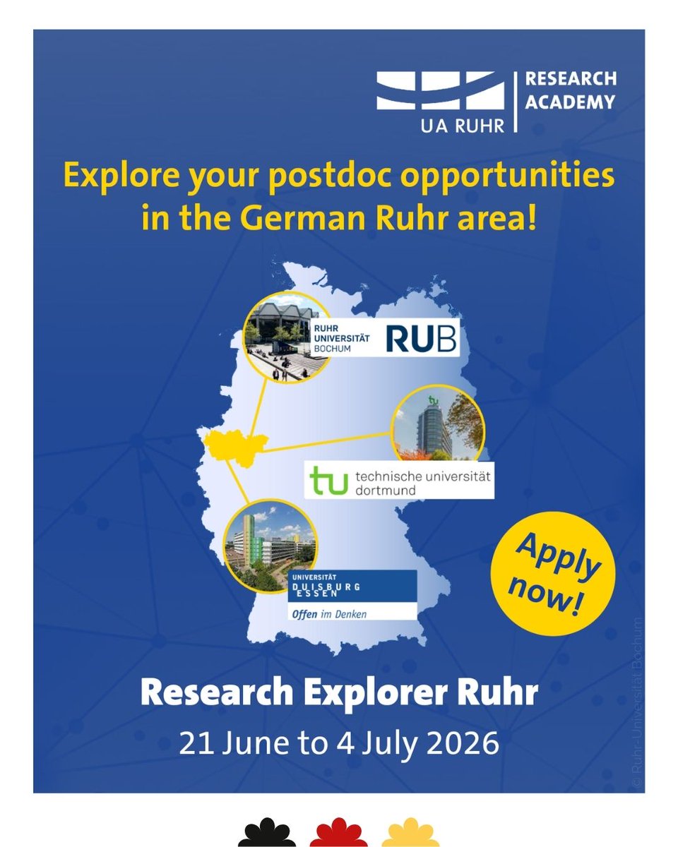 Boost your postdoc career in Germany! ✈️ Apply for the Research Explorer Ruhr summer programme:
📍21 June – 4 July 2026
🤝 Two weeks of networking, lab visits &amp; career workshops at 3 universities in the Ruhr Area
🎓 PhDs &amp; postdocs
🗓️ Apply by 15 Feb 👉 sohub.io/486d