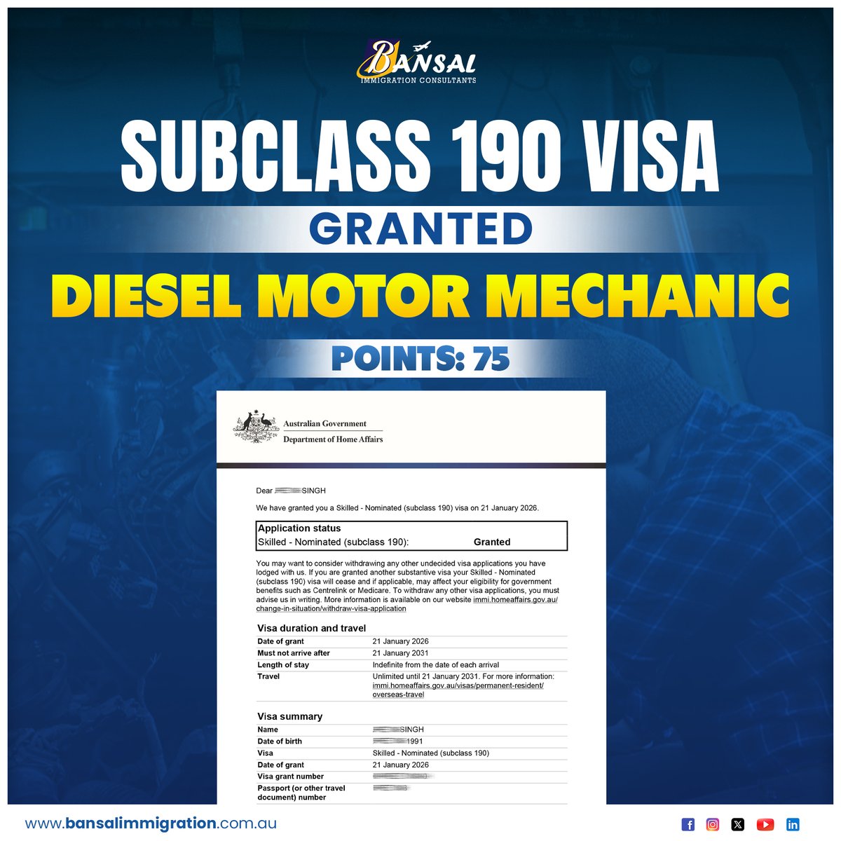 Bansalimmi's tweet image. 🎉 SUBCLASS 190 VISA GRANTED 🇦🇺

🔧 Occupation: Diesel Motor Mechanic
📊 Points: 75

Another successful Australian PR outcome delivered by Bansal Immigration Consultants. 

#Subclass190 #VisaGranted #AustralianPR #SkilledMigration #DieselMotorMechanic #BansalImmigration