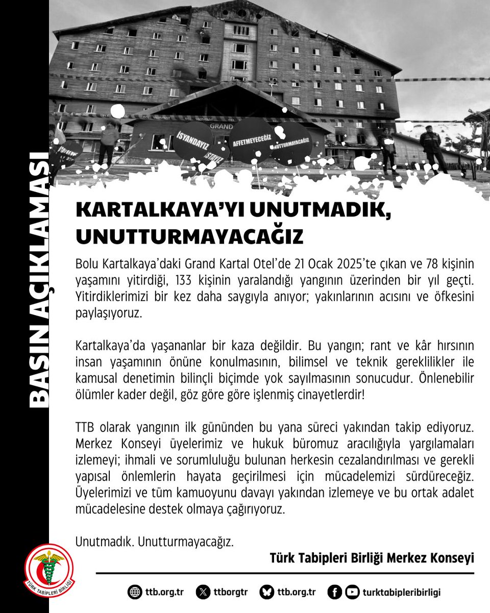 Kartalkaya’yı Unutmadık, Unutturmayacağız

Bolu Kartalkaya’daki Grand Kartal Otel’de 21 Ocak 2025’te çıkan ve 78 kişinin yaşamını yitirdiği, 133 kişinin yaralandığı yangının üzerinden bir yıl geçti. Yitirdiklerimizi bir kez daha saygıyla anıyor; yakınlarının acısını ve öfkesini