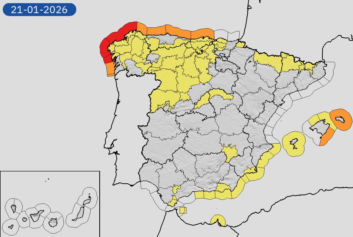 AEMET_Esp's tweet photo. 21/01 09:00 AVISOS HOY Y MAÑANA | España: vientos, costeros, nevadas, lluvias y aludes. Nivel máximo de aviso: rojo.
Actualizaciones en https://t.co/BLdoSsO2Qv https://t.co/pMkn9gp8k6