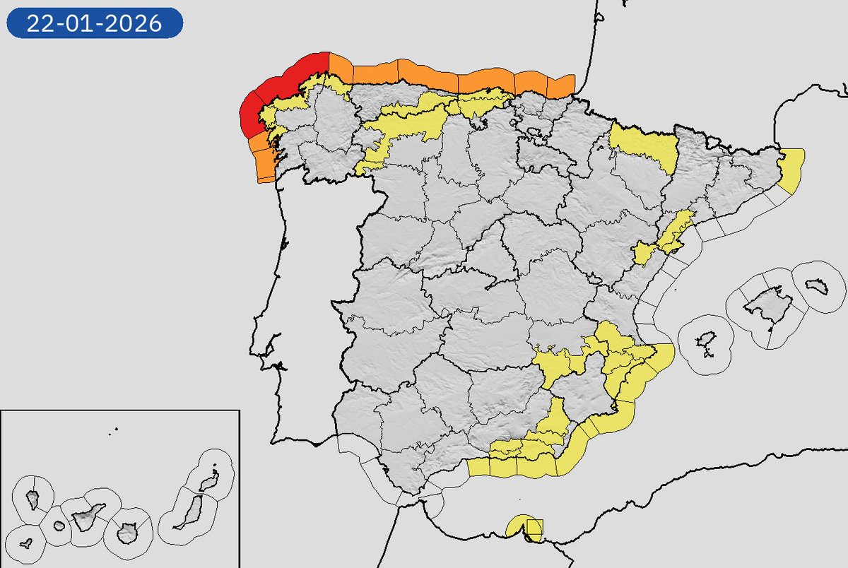 AEMET_Esp's tweet photo. 21/01 09:00 AVISOS HOY Y MAÑANA | España: vientos, costeros, nevadas, lluvias y aludes. Nivel máximo de aviso: rojo.
Actualizaciones en https://t.co/BLdoSsO2Qv https://t.co/pMkn9gp8k6