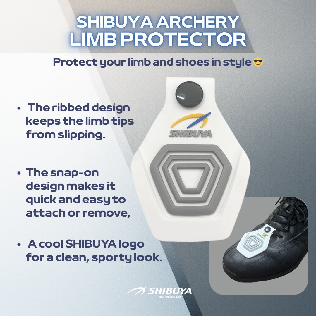 SHIBUYA LIMB PROTECTOR
Protect your limbs and shoes in style 😎
The ribbed design prevents the limb tips from slipping. Finished with a cool SHIBUYA logo for a clean, sporty look. A great gift idea for your archery friends.