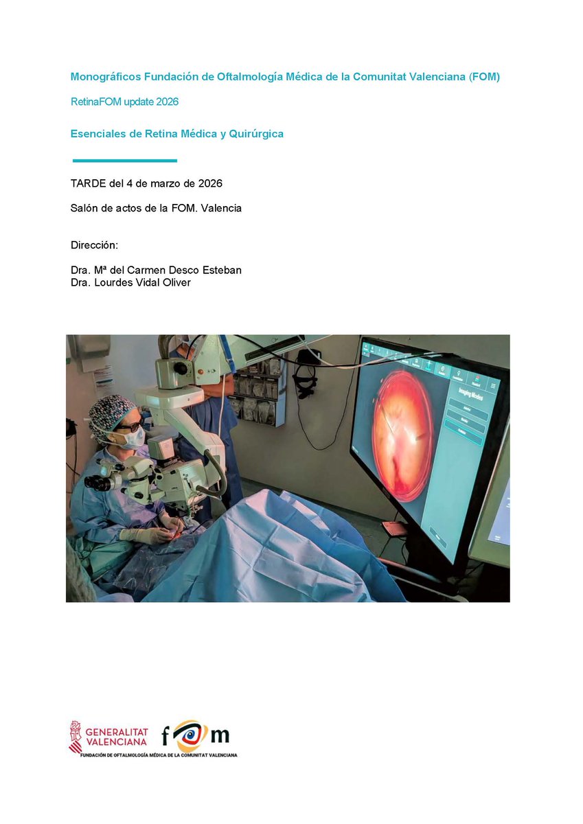GVAfom's tweet photo. Curso de Retina | RetinaFOM Update 2026 
Desde la Fundación de Oftalmología Médica de la Comunitat Valenciana (FOM) te invitamos a una nueva edición de nuestros Monográficos RetinaFOM, centrados en los Esenciales de Retina Médica y Quirúrgica.
📷 4 de marzo de 2026 (tarde) https://t.co/1LurVWV0X4